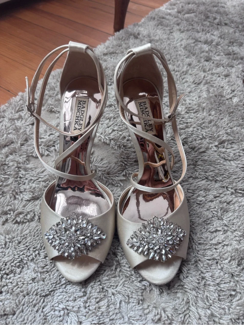Badgley Mischka Ivory Satin Crystal-Embellished Peep-Toe Heels